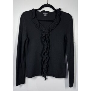 Prive 100% Cashmere V Neck Ruffle Sweater Women's Small Black Pristine Soft Luxe